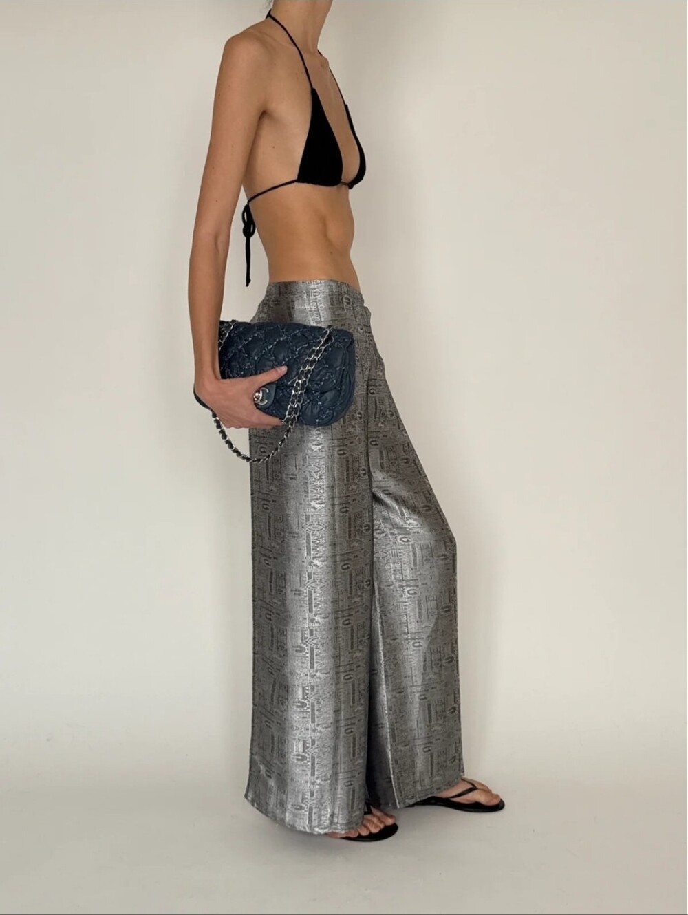 NEW 100% Silk Metallic Silver Wide-Leg Wrap Pants One Size
